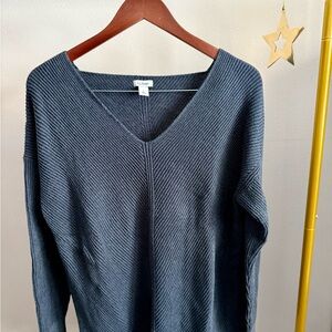 L.L.Bean Ribbed V Neck Sweater Women’s Large Charcoal Gray Relaxed Knit